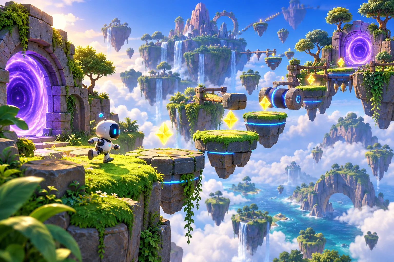 Concept illustration of a little robot exploring a bright floating game world